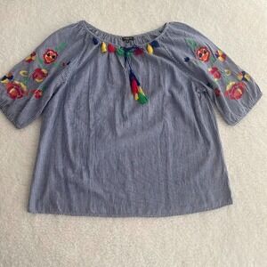 Hannah Plus Size 2X Boho Embroidered Peasant Top Blue Stripe Tassel Blouse